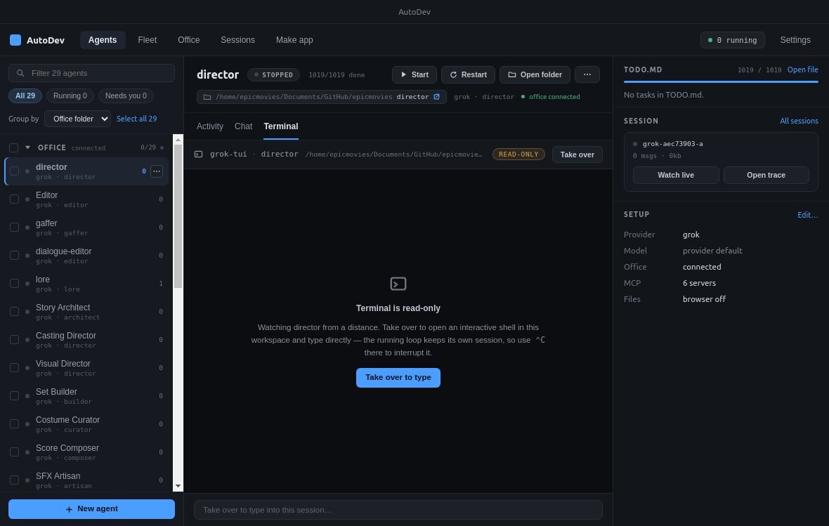Desktop app streaming an agent's live terminal — its Edit, Bash and commit output as it runs.