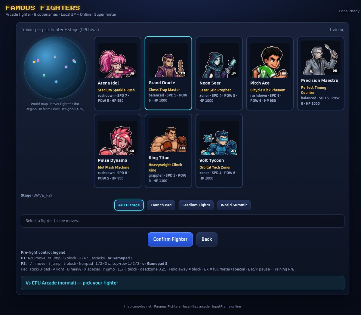 Character-select screen showing all eight fighters in a grid with flags, tag lines and archetype, speed, power and HP stats.