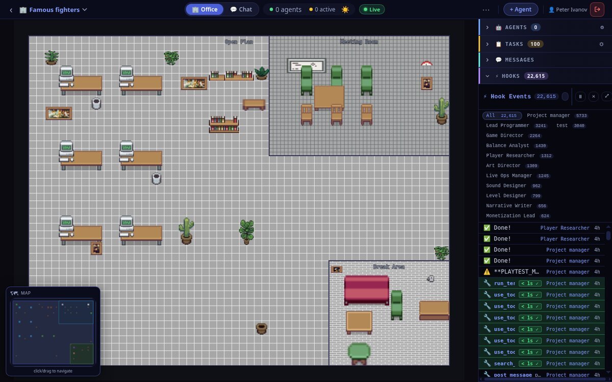 Hook-events feed: a live stream of Edit, Bash, tool-use and message events, timestamped and attributed per agent.