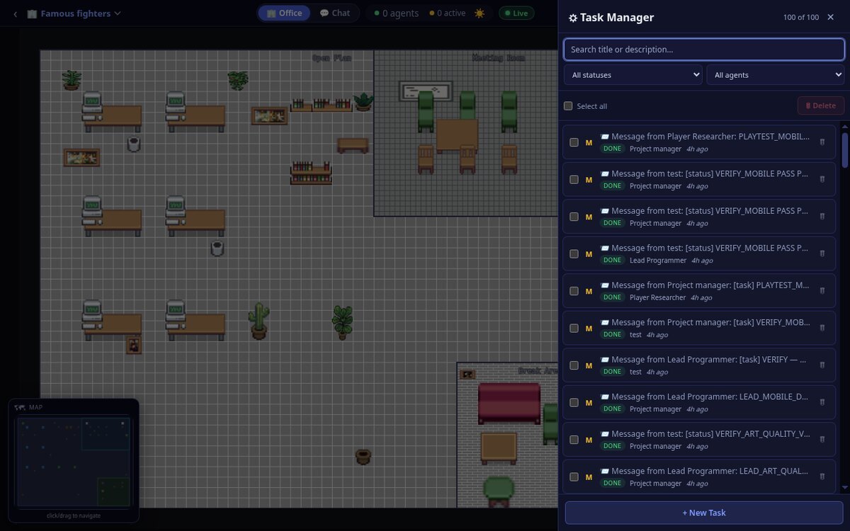 Task manager showing the office backlog and in-progress tasks with status and DONE badges.