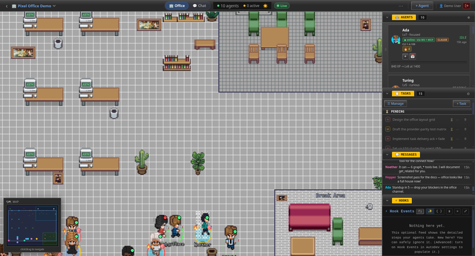 Pixel-art office floor with desks, plants and a break area, flanked by live panels showing 10 agents, 15 tasks, messages and a hooks feed.