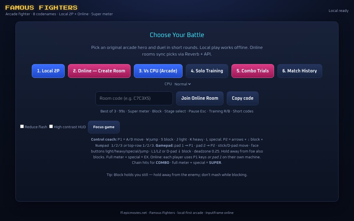 Famous Fighters title screen with a Choose Your Battle menu: Local 2P, Online Create Room, Vs CPU Arcade, Solo Training, Combo Trials and Match History.