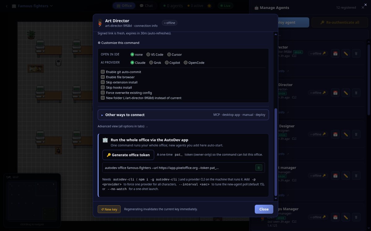 Connect wizard card 'Run the whole office via the AutoDev app': Generate office token plus a single autodev office command that runs the whole office and auto-starts new agents.